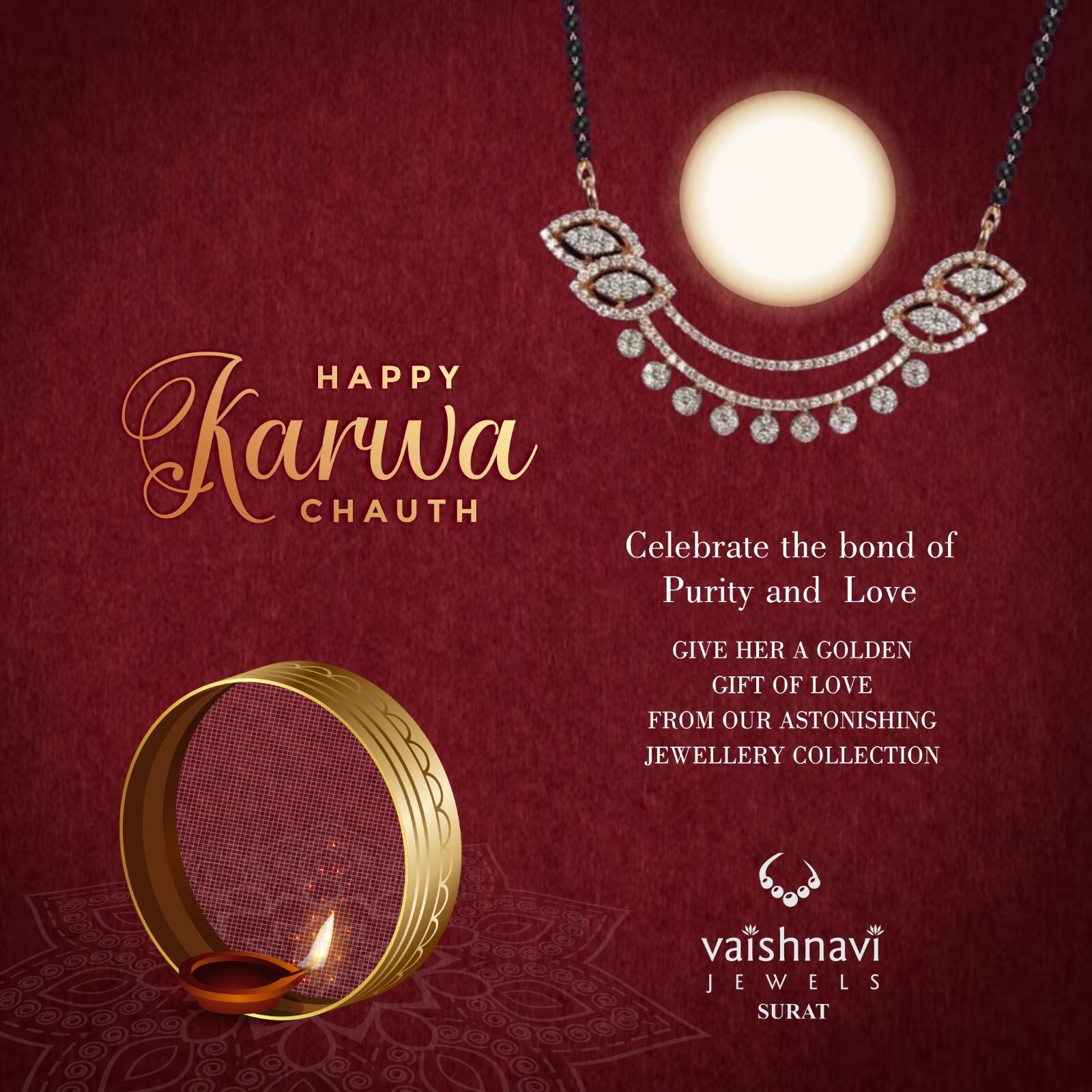 Diamond mangalsutra pendant hanging beneath a glowing full moon