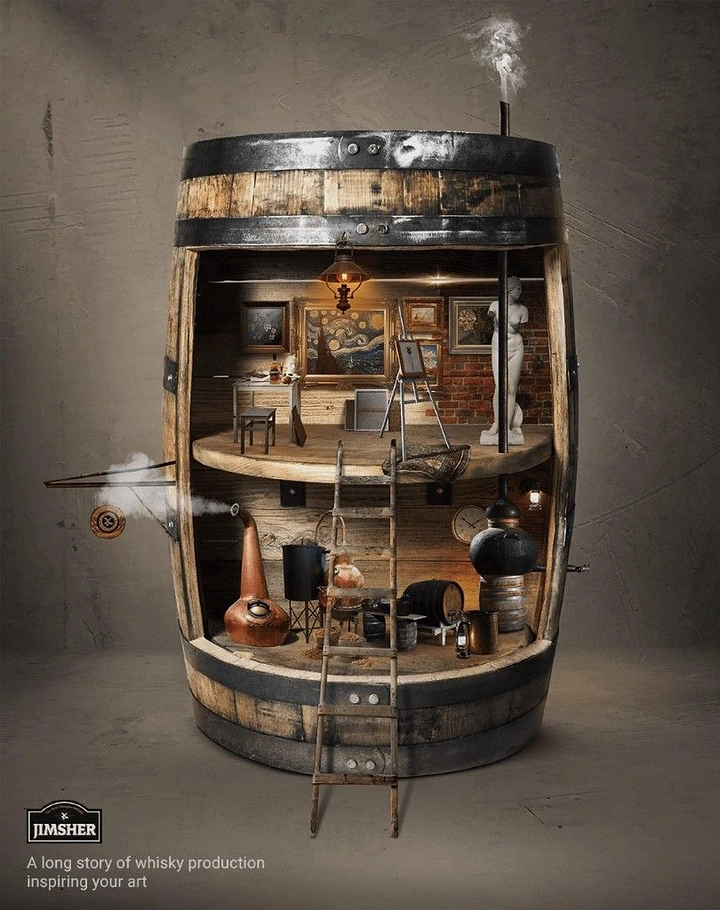 Creative ad: Cutaway whisky barrel holding a miniature distillery and art studio