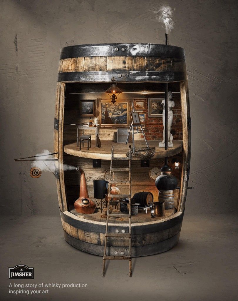 Poster: Cutaway whisky barrel holding a miniature distillery and art studio