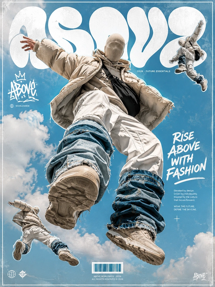 Creative ad: Masked model in puffer and layered denim leaping toward camera in the sky