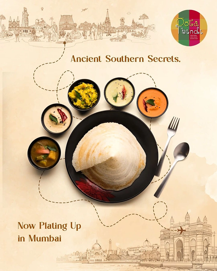 Indian Restaurants creative ad: Heritage travel narrative frames South Indian meal