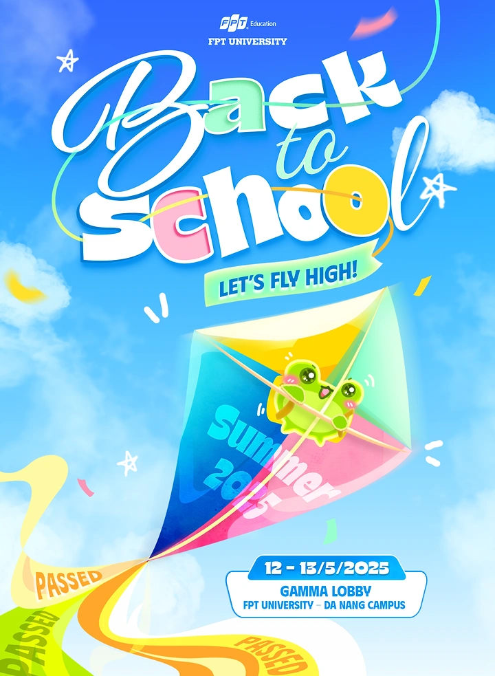 Creative ad: Colourful kite with kawaii frog flying in blue sky