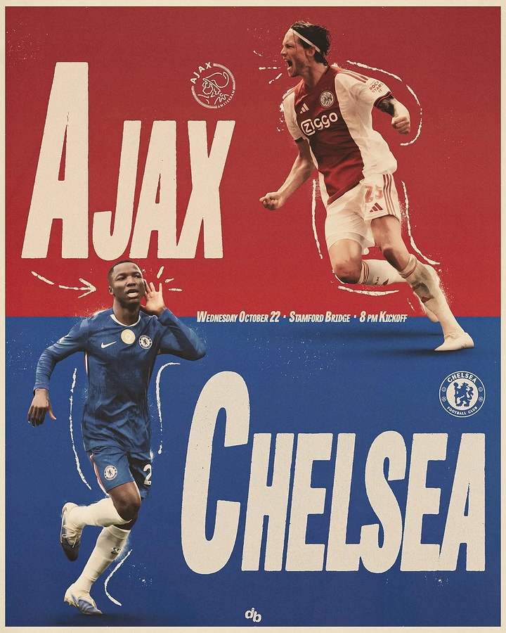 Creative ad: Two cutout footballers celebrating on a horizontally split red/blue background