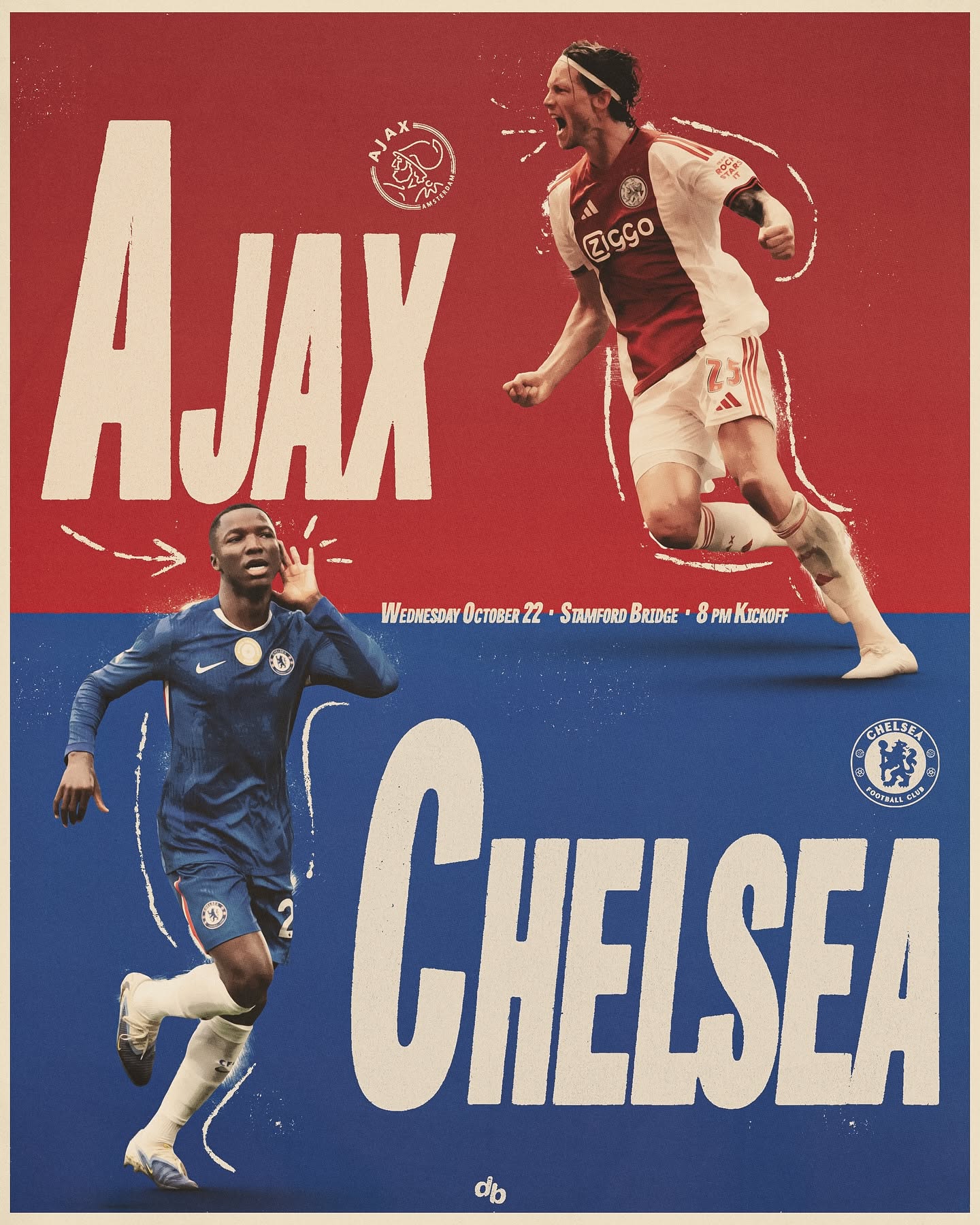 Instagram post: Two cutout footballers celebrating on a horizontally split red/blue background