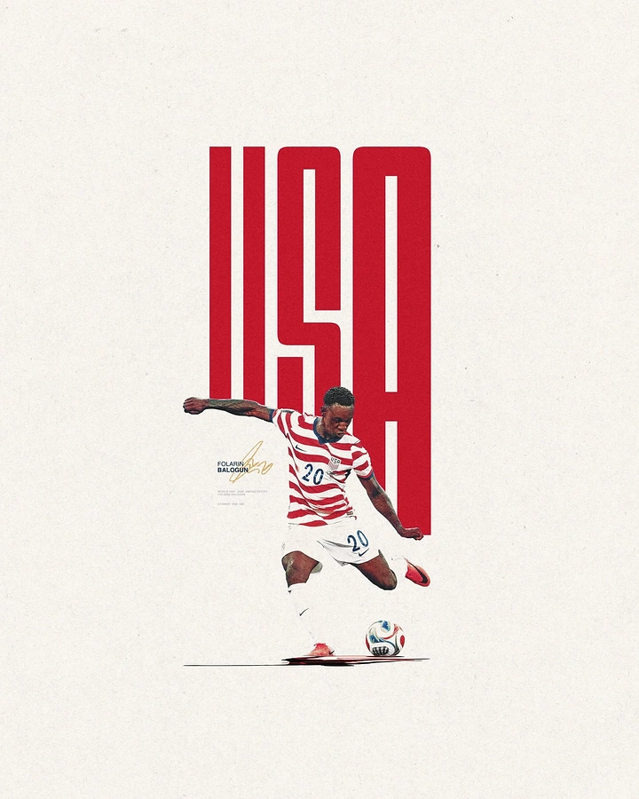 Creative ad: Soccer player striking a ball in front of tall red letterforms