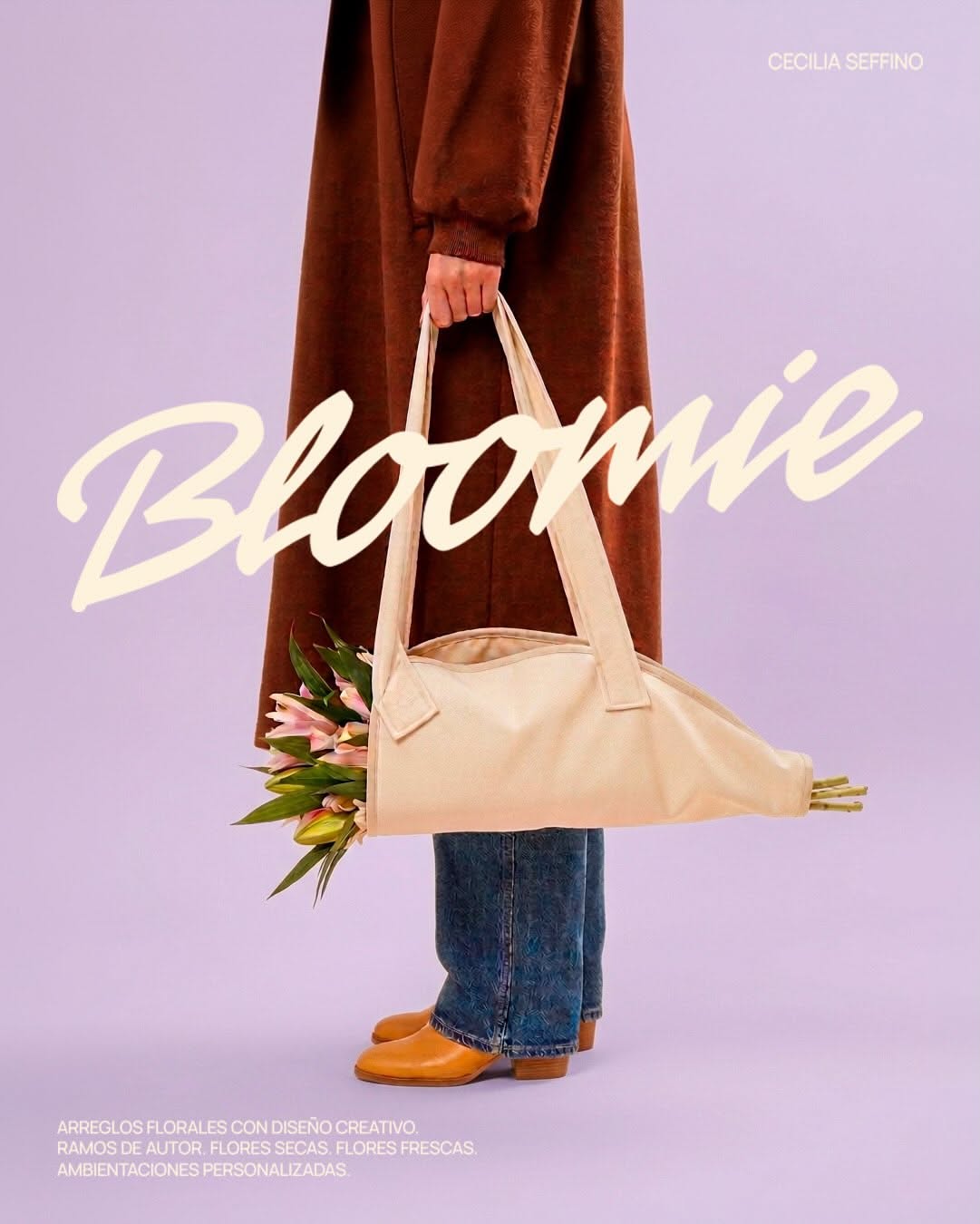 Bouquet carried in custom tote, bold script