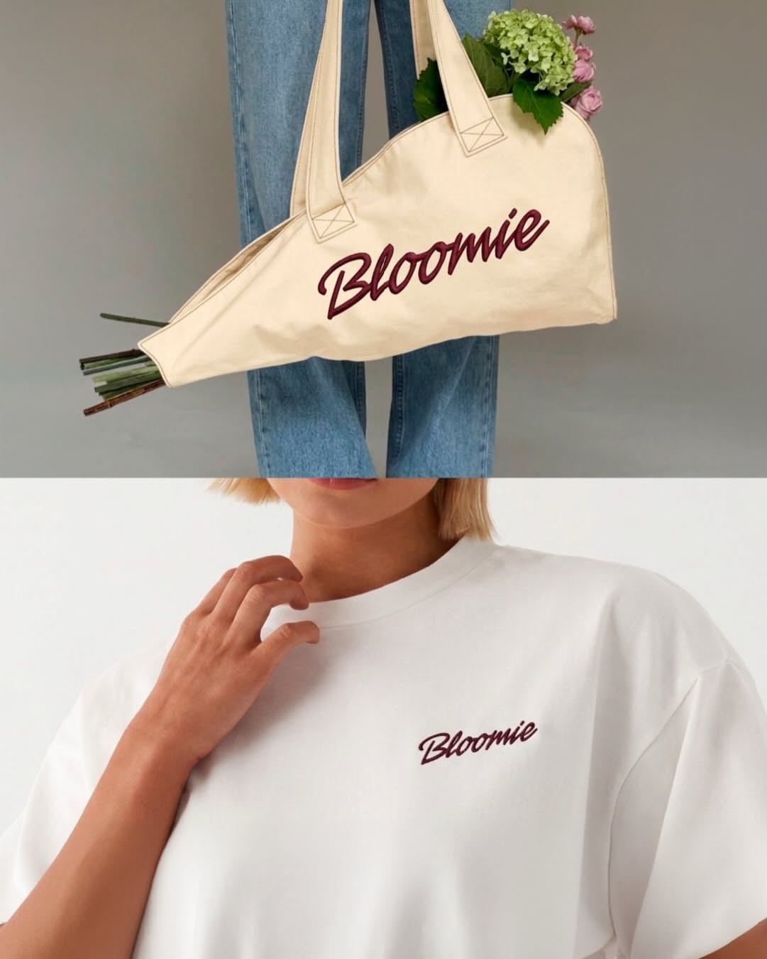 Bouquet carried in custom tote, bold script