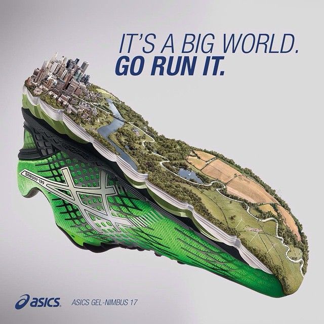 Instagram post: Running shoe whose midsole top is a miniature city-to-countryside landscape