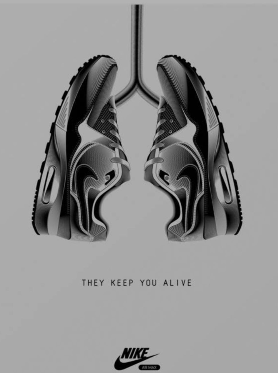 Poster: Two sneakers arranged as a pair of lungs hanging from a windpipe