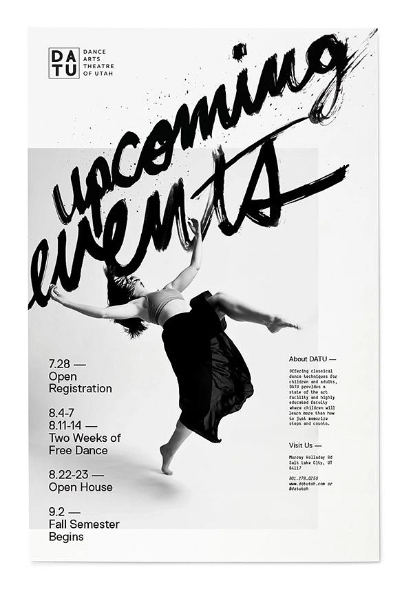 Music & Dance Classes creative ad: Contemporary dancer suspended in a dramatic airborne pose