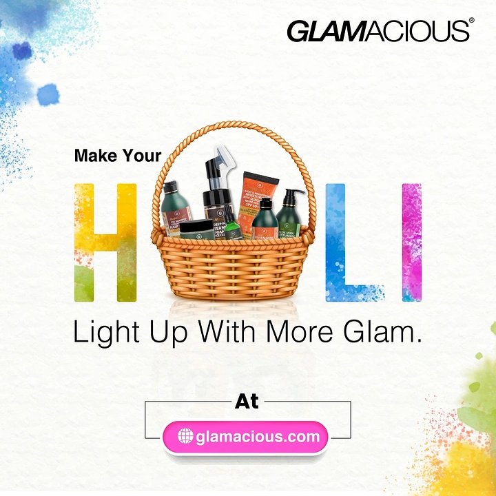Holi creative ad: Wicker basket of skincare products replacing the O in HOLI