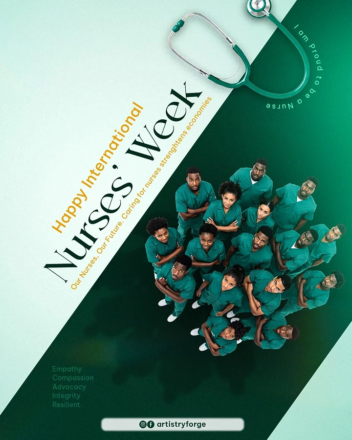 other-festival creative ad: Overhead group portrait of nurses in teal scrubs