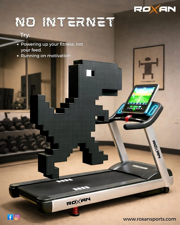 Sports Goods Stores creative ad: Pixelated offline-game dinosaur running on a branded treadmill