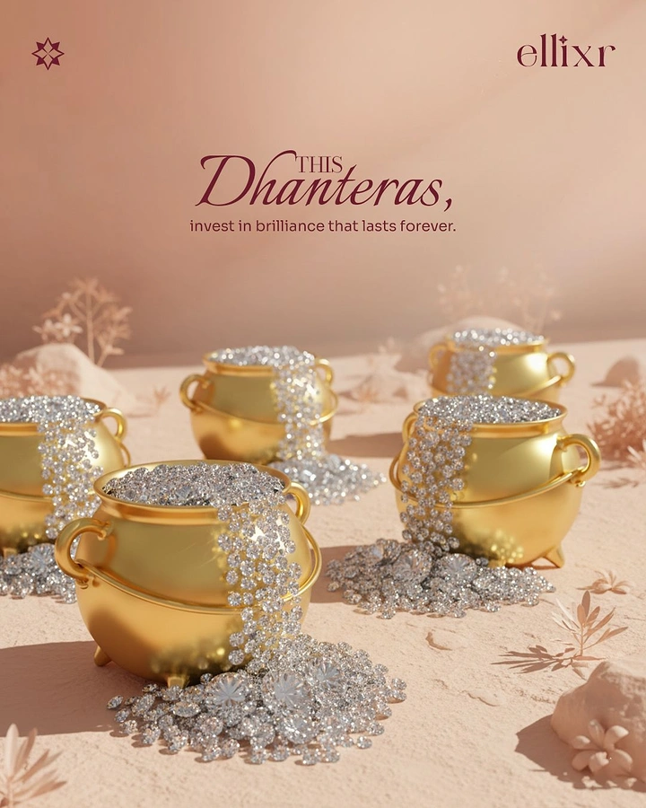 Dhanteras creative ad: Golden cauldrons overflowing with diamonds