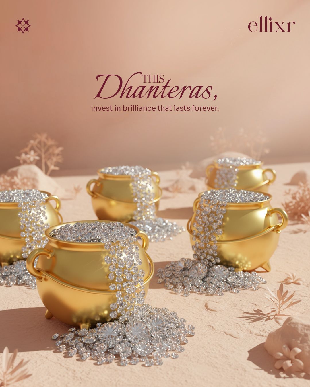 Golden cauldrons overflowing with diamonds