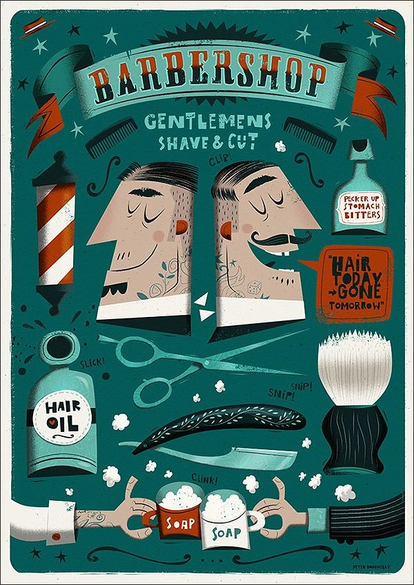 Barber Shops creative ad: Two stylised gentlemen's heads surrounded by barber tools