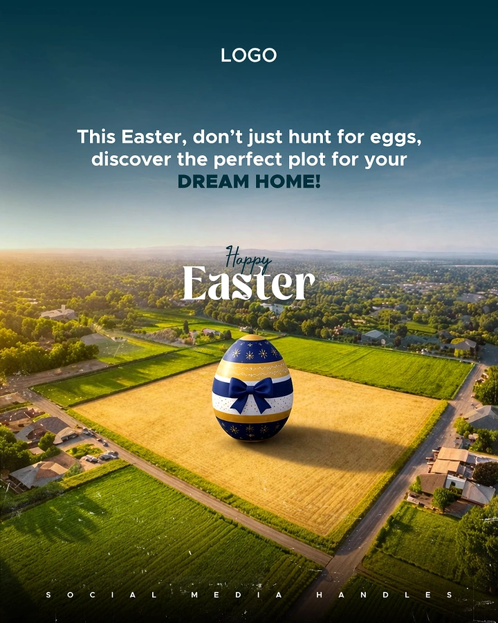 Easter creative ad: Giant decorated Easter egg on an empty land plot, aerial view
