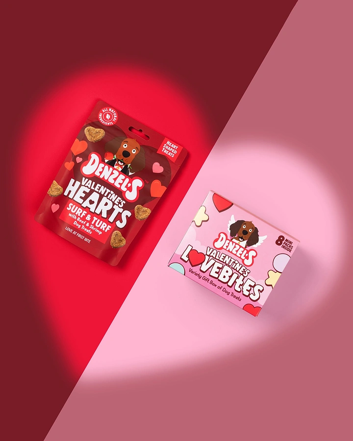 Valentine's Day creative ad: Dog treat pouch and gift box on split red/pink backdrop