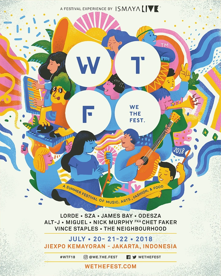 Creative ad: Cluster of illustrated musicians and festival-goers around a four-circle monogram