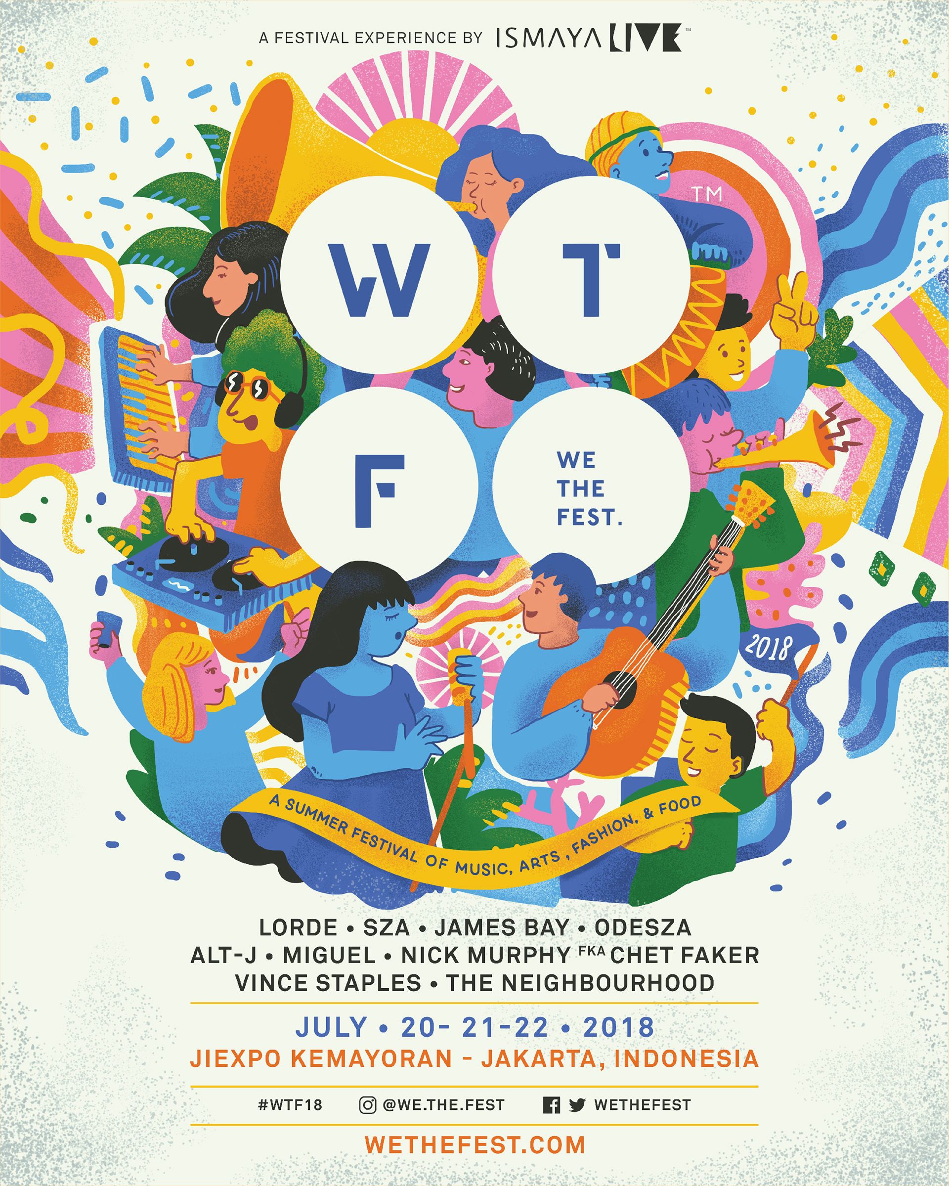 Poster: Cluster of illustrated musicians and festival-goers around a four-circle monogram