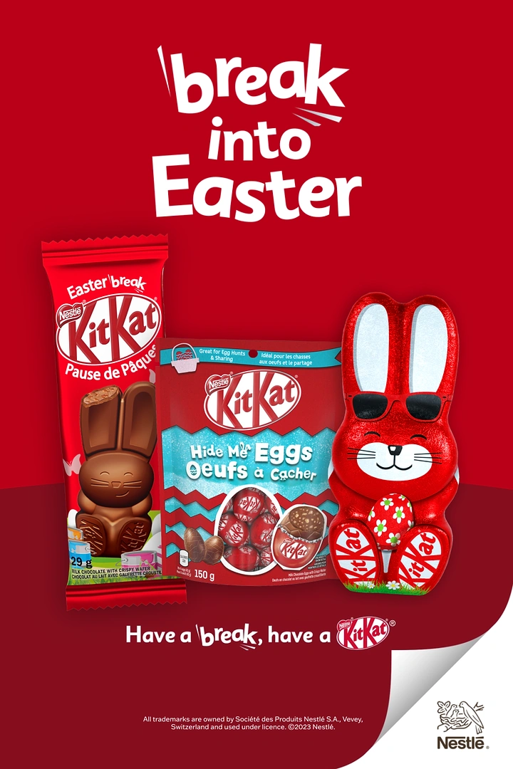 Easter creative ad: Three Easter chocolate products including a red foil bunny