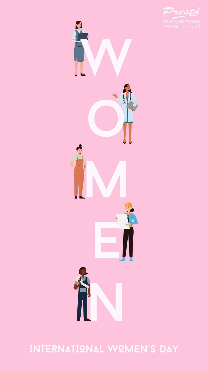 Women's Day creative ad: Professional women posed around WOMEN letters