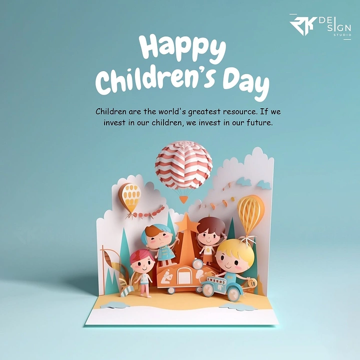Children's Day creative ad: paper-cut pop-up card with cartoon children and balloons