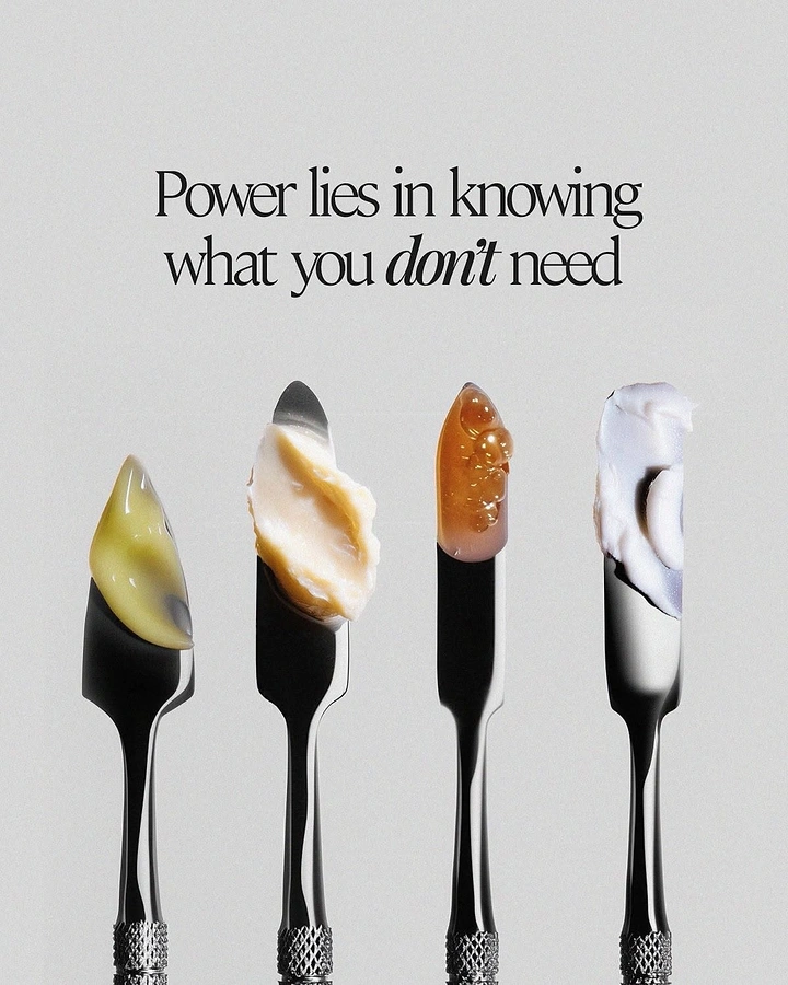 Skincare & Cosmetics creative ad: Four steel spatulas holding skincare textures