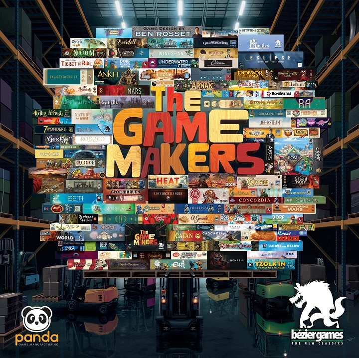 Board Games & Game Cafes creative ad: Wall of stacked board game boxes on a pallet in a warehouse