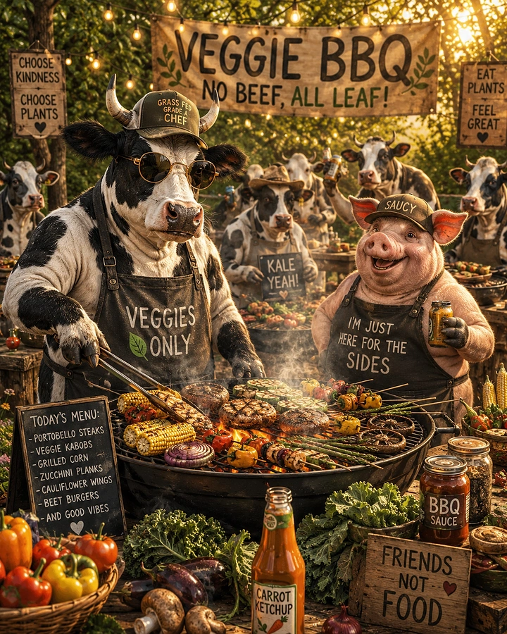 BBQ & Grill Restaurants creative ad: Humorous detailed vegan bbq concept.
