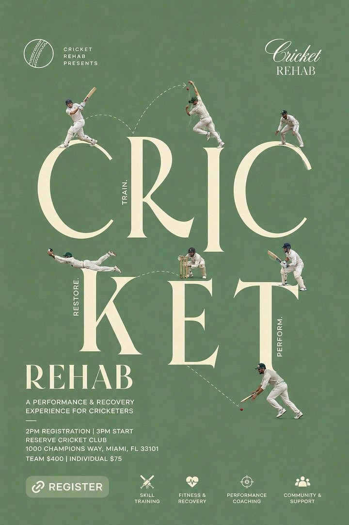 Events & Nightlife creative ad: Cutout cricketers perched on giant serif letters spelling CRICKET