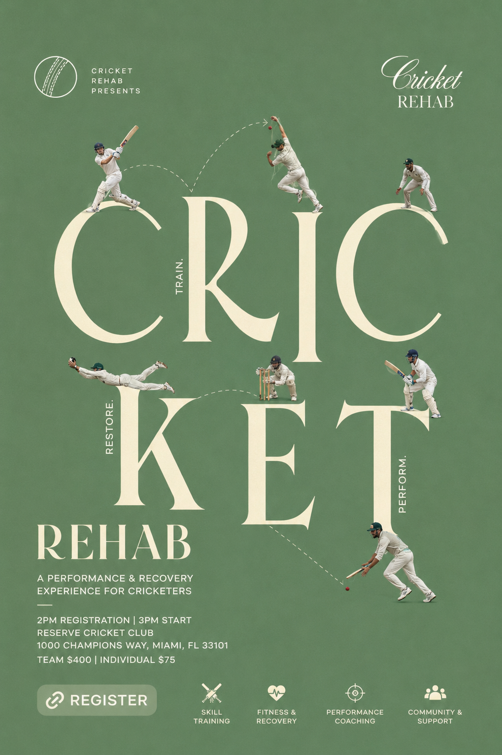 Cutout cricketers perched on giant serif letters spelling CRICKET
