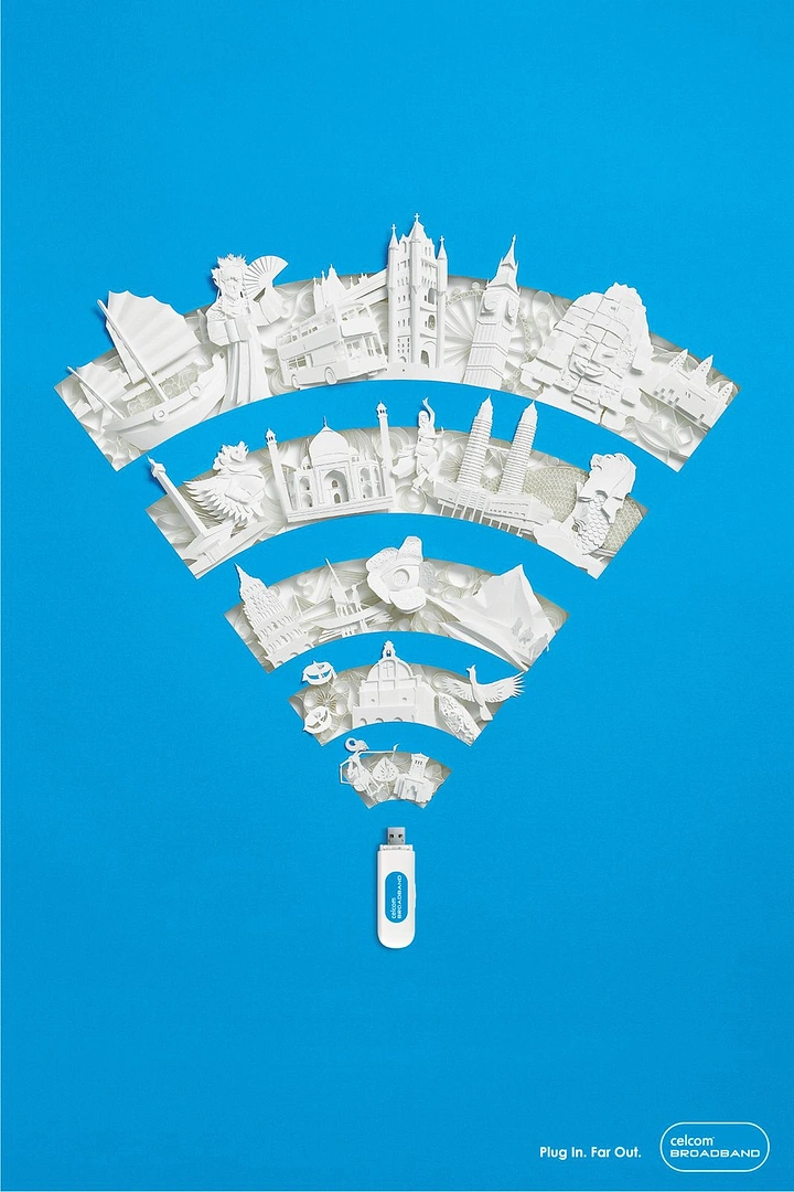 Telecom creative ad: Wi-Fi signal arcs built from white paper-craft world landmarks above a USB modem