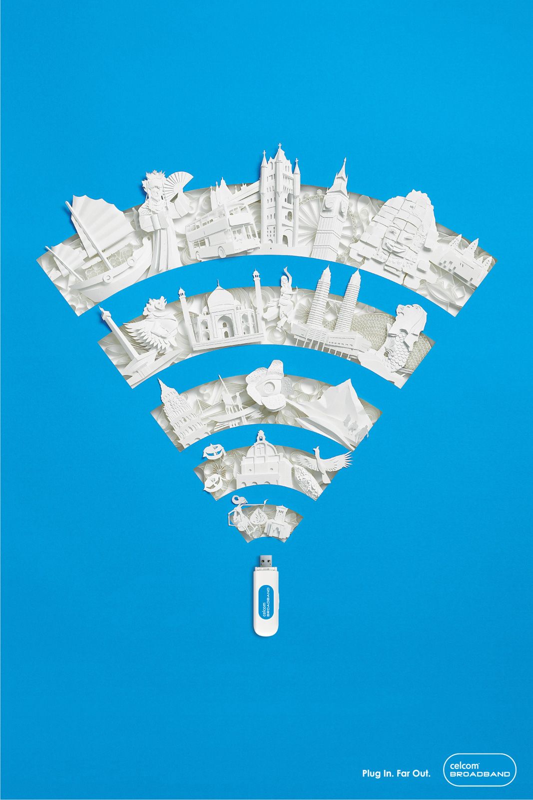 Poster: Wi-Fi signal arcs built from white paper-craft world landmarks above a USB modem