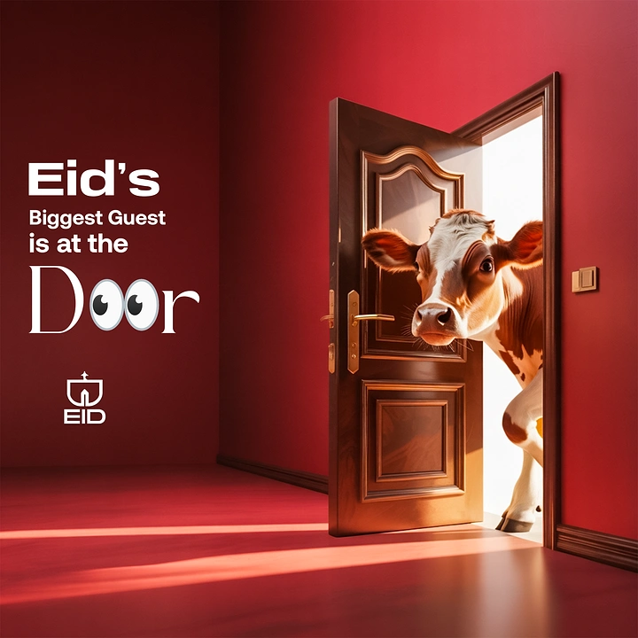 Eid creative ad: Cow peeking in through a half-open wooden door