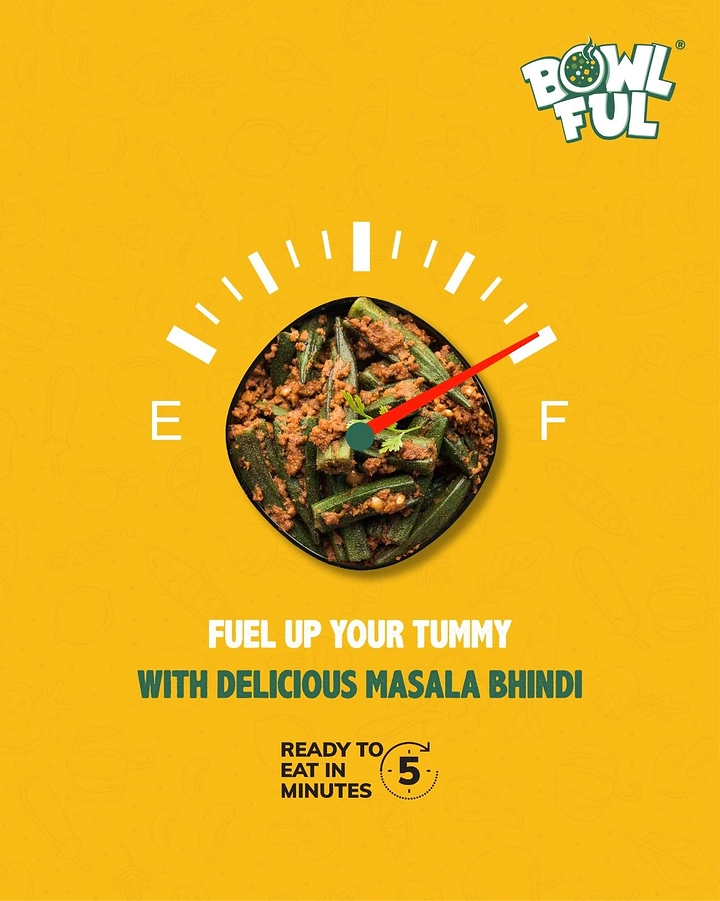 Frozen Foods & Ready-to-Cook creative ad: Bowl of masala bhindi used as a fuel gauge dial