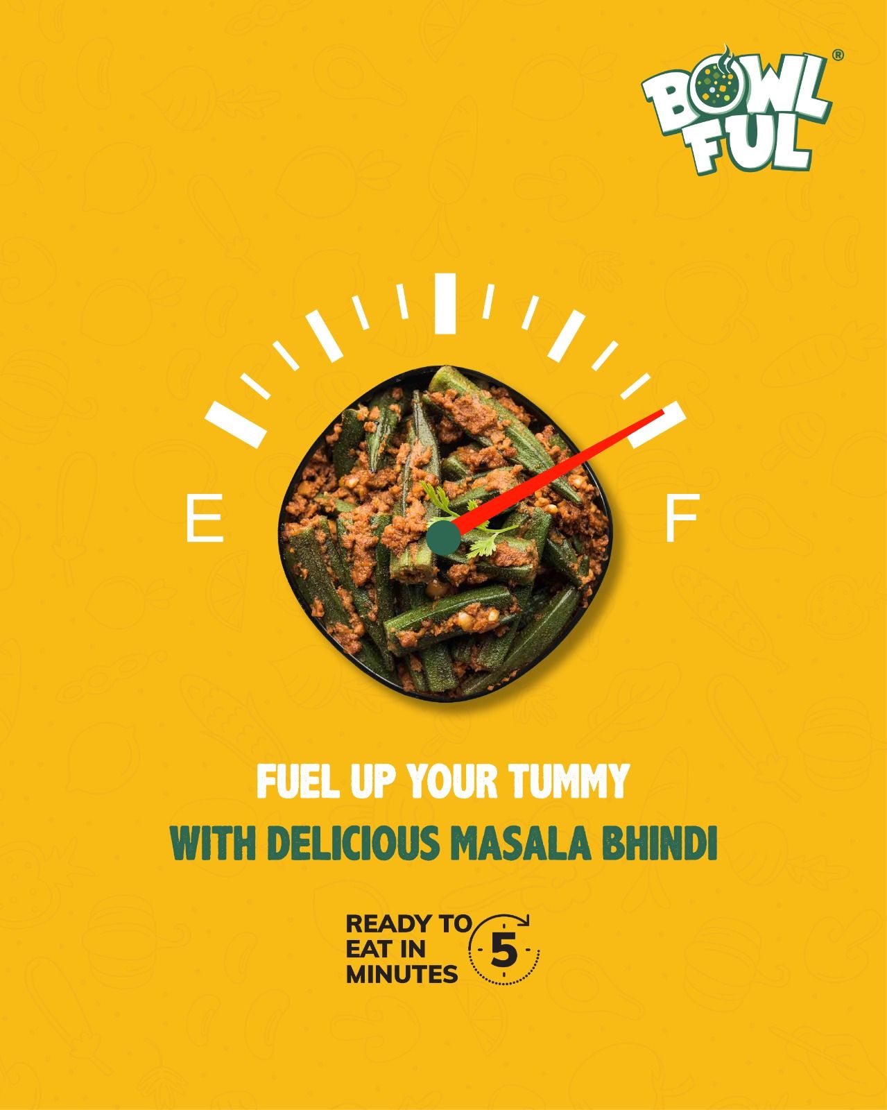 Instagram post: Bowl of masala bhindi used as a fuel gauge dial