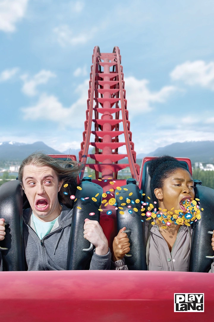 Amusement & Water Parks creative ad: Riders' faces blown into candy-sprinkle screams