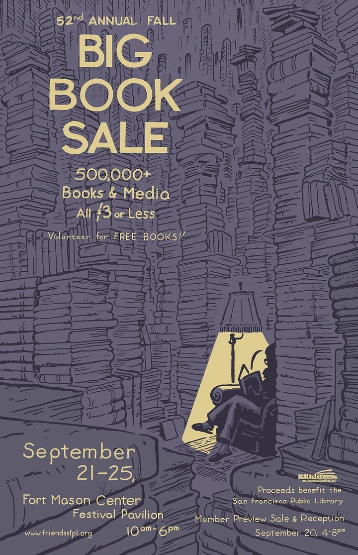 Bookstores creative ad: Book-pile landscape with lamplit reader nook