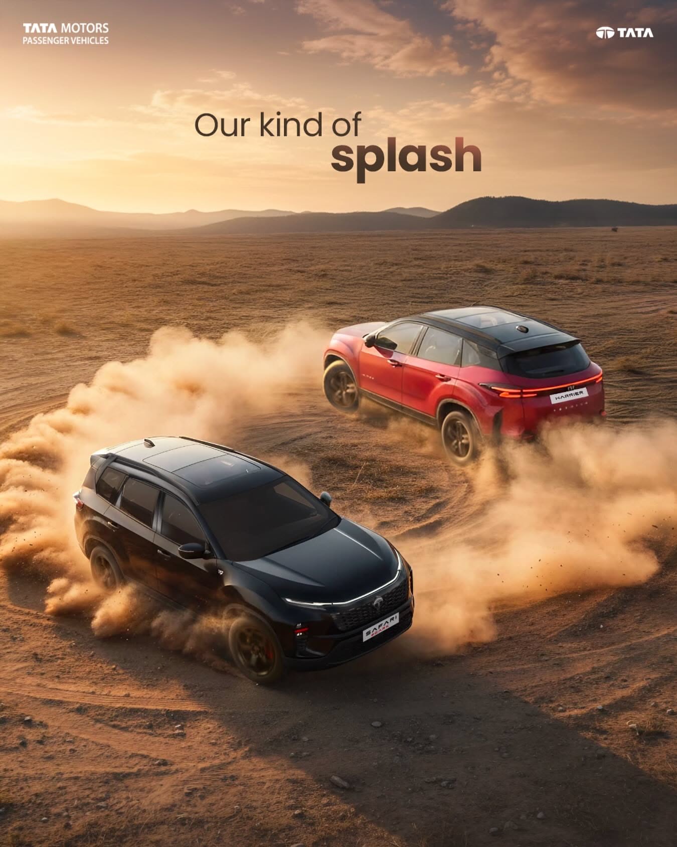 Instagram post: Two SUVs, one black and one red, drifting in circles and kicking up dust on a dry plain