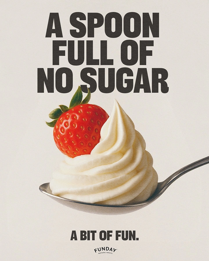 Sweet Shop creative ad: Spoon of whipped cream topped with a strawberry