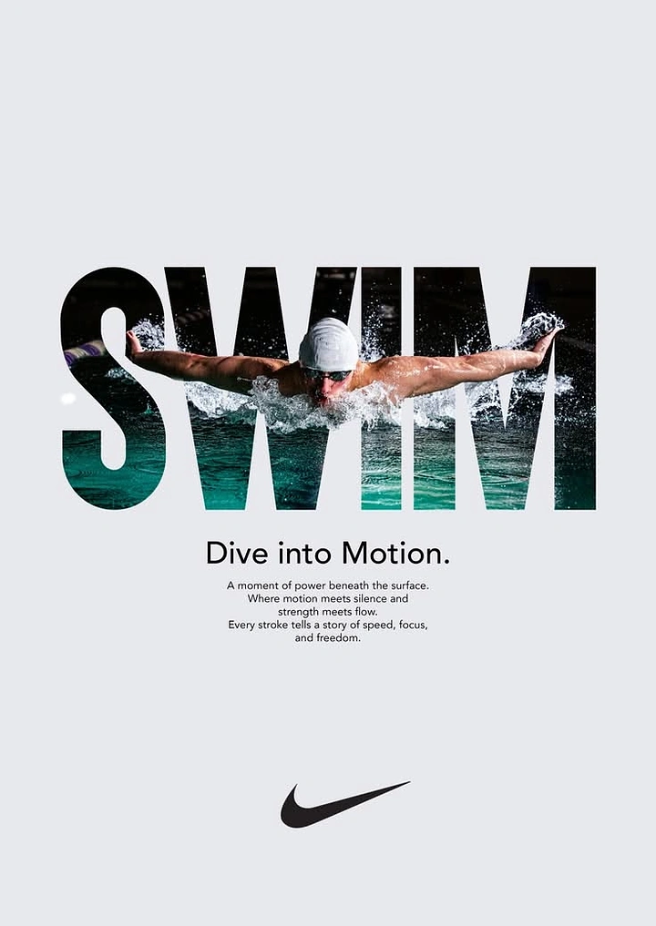 Creative ad: Butterfly-stroke swimmer seen through giant letterforms