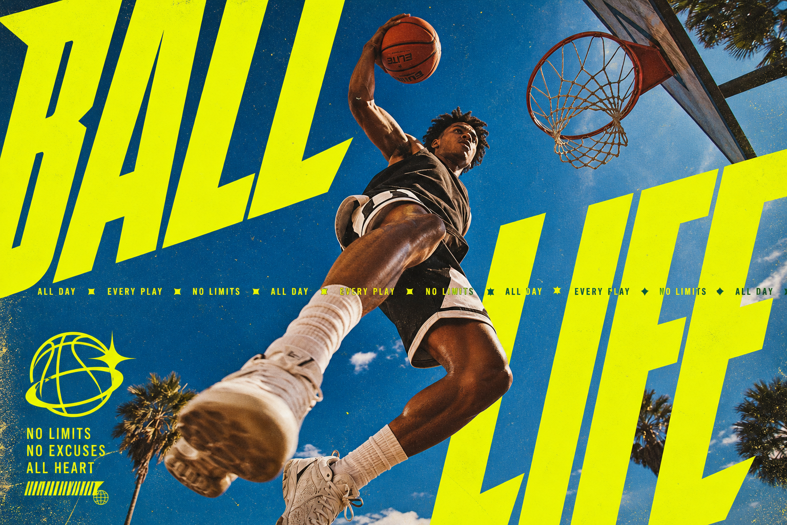 Banner: Low-angle shot of a basketball player mid-dunk under an outdoor hoop