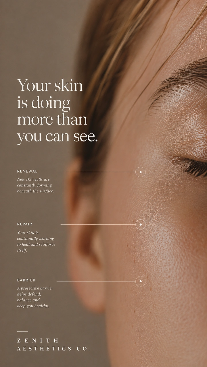 Skin & Cosmetic Clinics creative ad: Skin close-up annotated with renewal callouts
