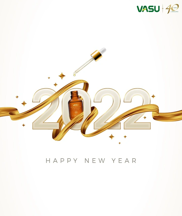 New Year creative ad: Amber serum bottle set inside the 0 of embossed 2022 numerals wrapped in gold ribbon