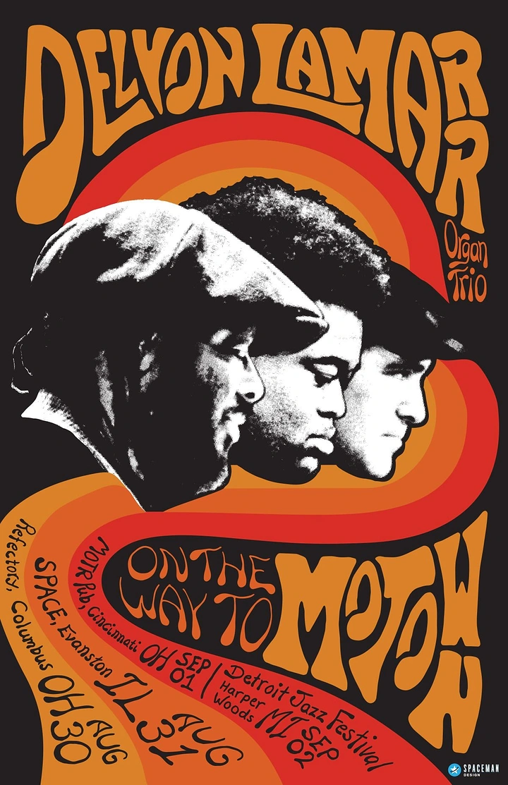 Creative ad: Three overlapping halftone profile portraits of musicians
