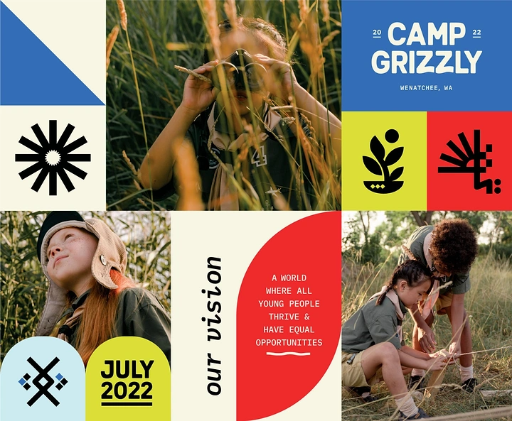 Nonprofit & Social Cause creative ad: Grid of scout kids exploring grassland with bold icon tiles