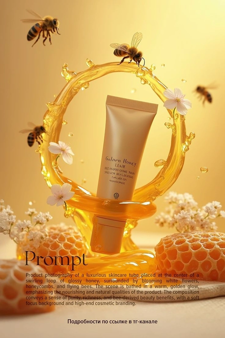 Honey Brands creative ad: Honey product framed by bee-filled liquid ring