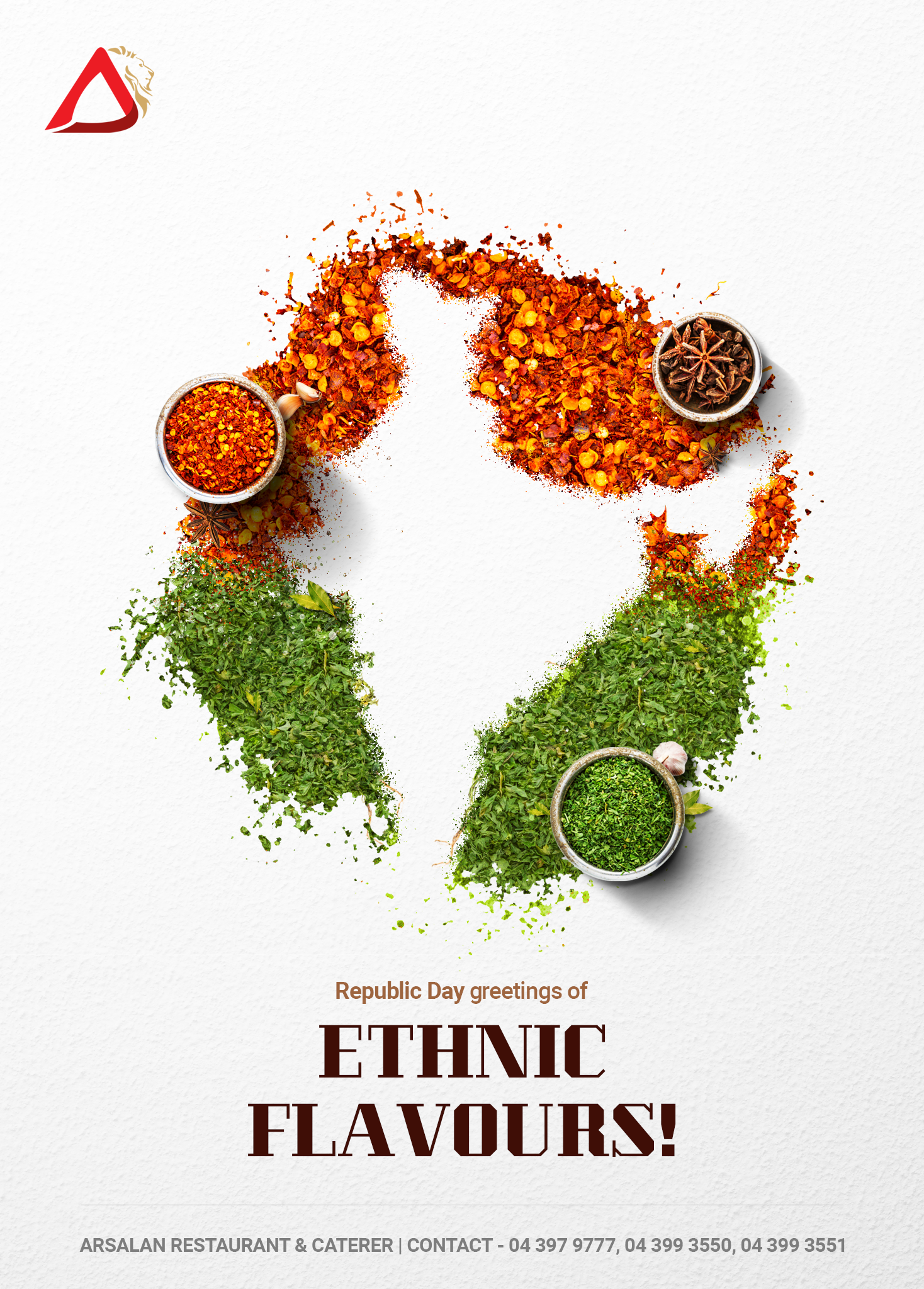 India map silhouette formed by negative space inside red chili flakes and green herbs