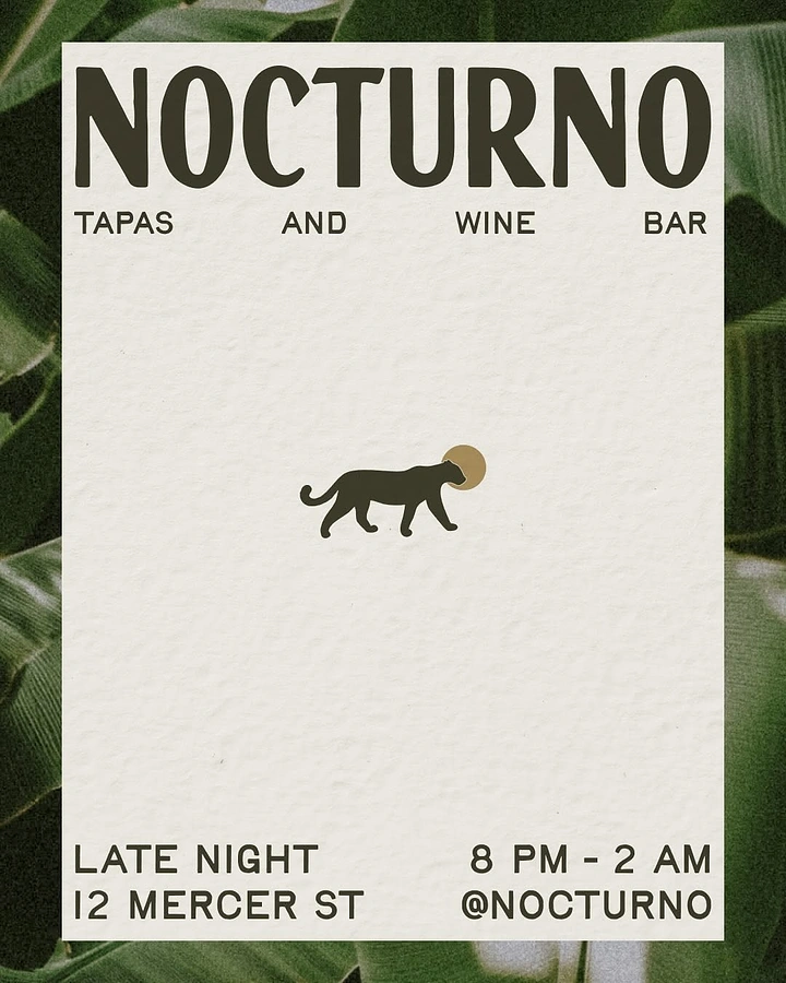 Beer, Wine & Spirits creative ad: Small panther silhouette in front of a gold sun on a cream paper card